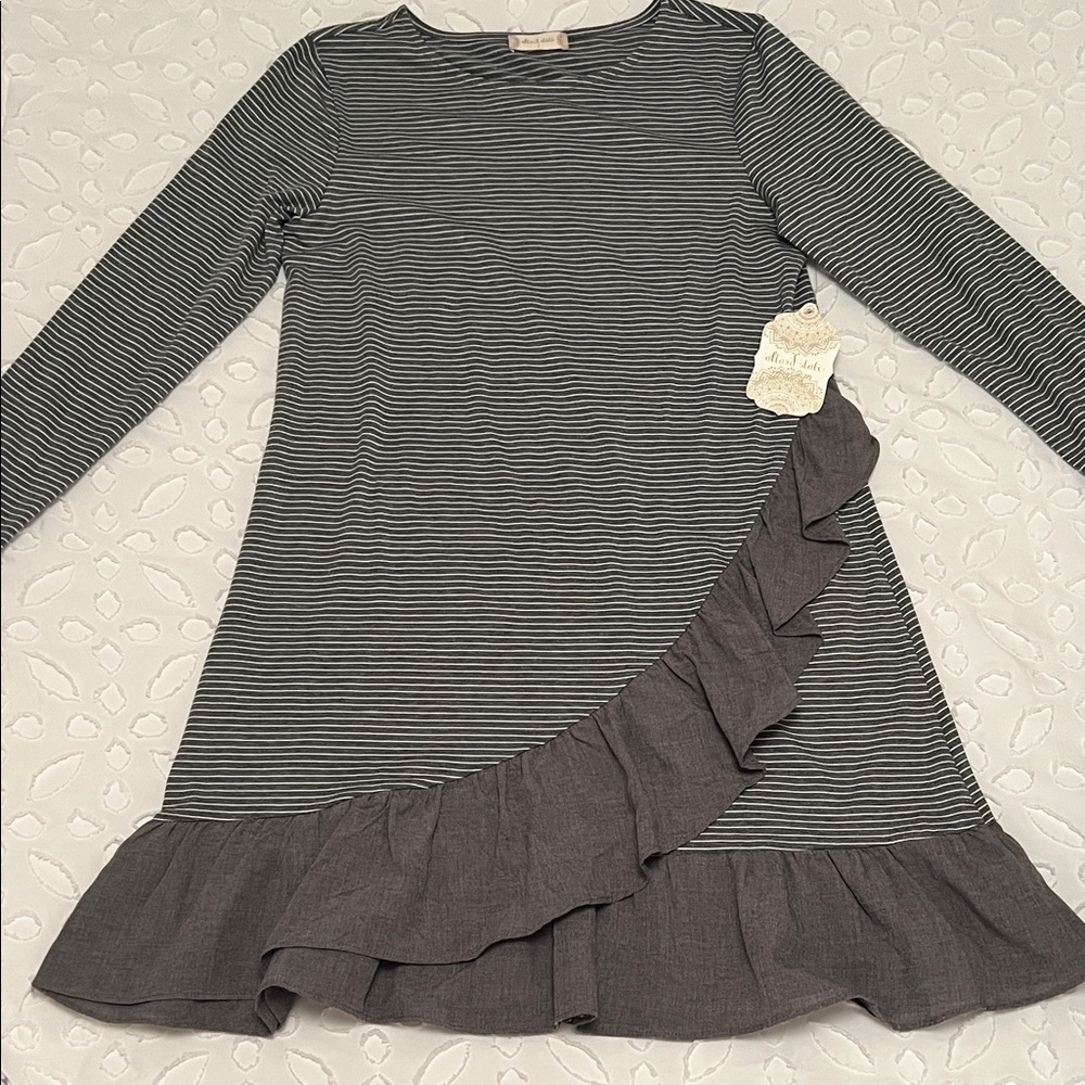Altar'd State Gray Striped Dress with Ruffle